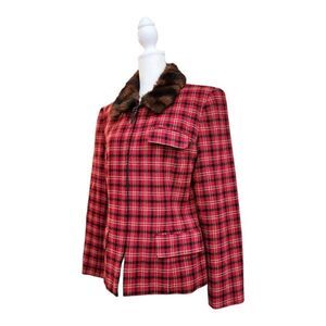 Ralph Lauren Faux Fur Collar Red Plaid Blazer Jacket